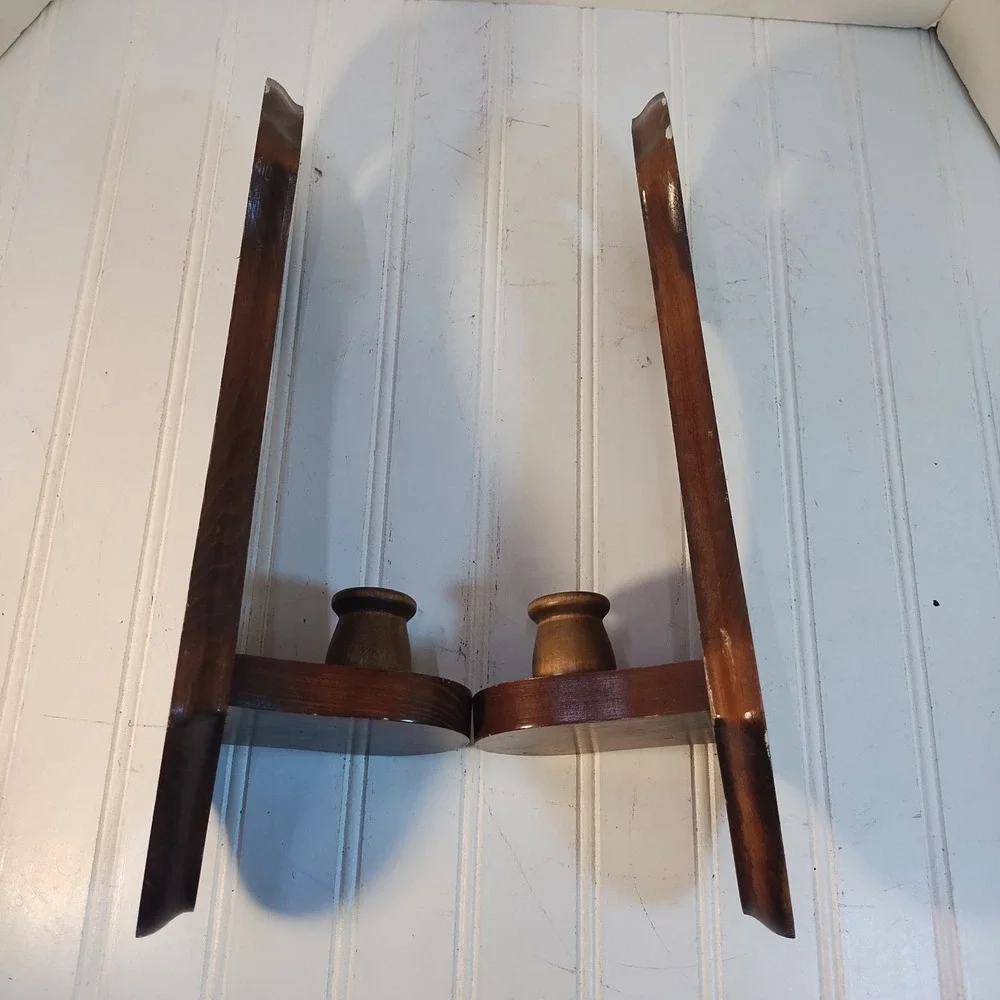 Pair Vintage Wood Heart Cutout Wall Sconces Candle Holders Farmhouse Cottage 15